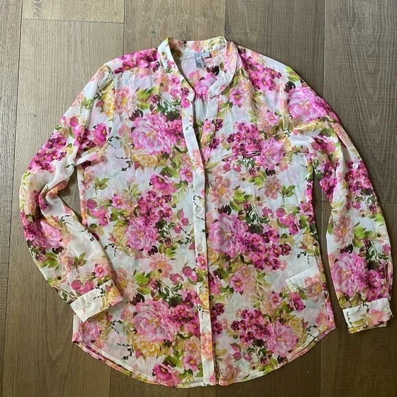 Kut From The Kloth Pink Foral Rose Printed Semi-Sheer Women's Top Blouse(Size M) - Picture 12 of 12